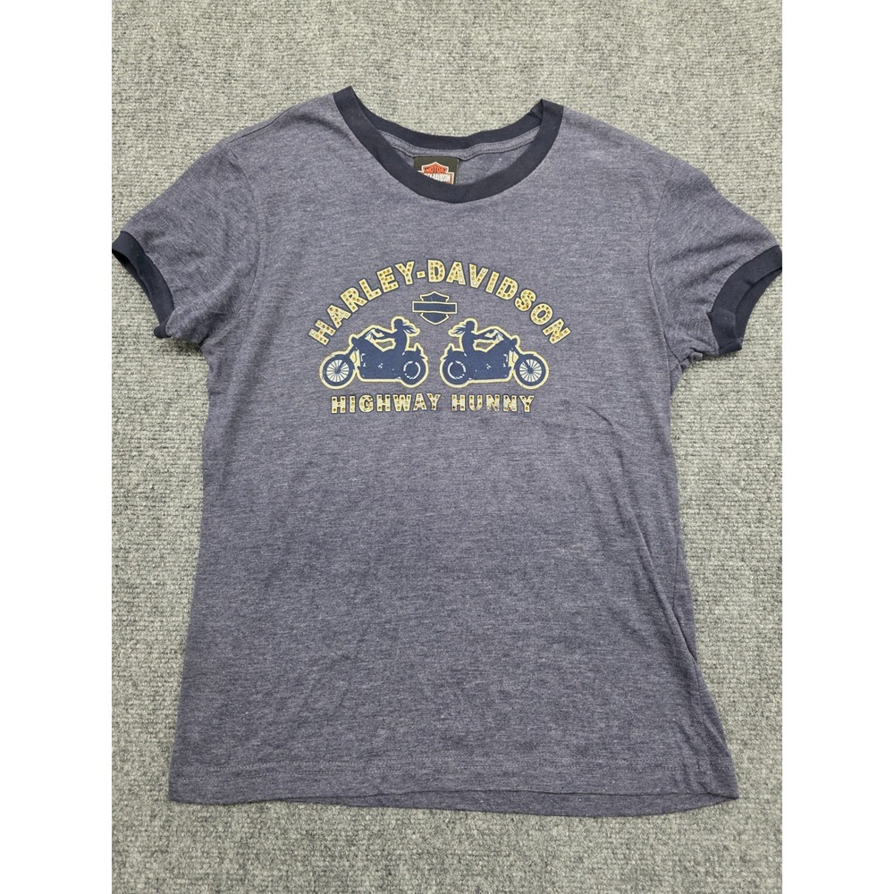 Vtg Harley Davidson Highway Hunny Ladies Ringer Blue Gray T-Shirt - M